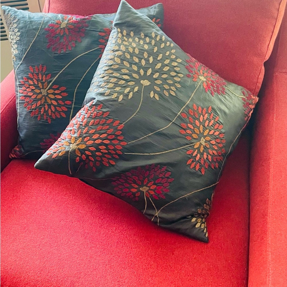 2 Floral Embroidered Throw Pillows